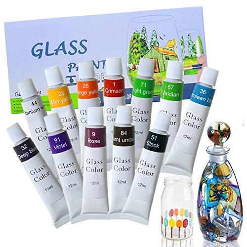 Magicdo 12 colores de pintura de vidrio con paleta, pintura no tóxica para vidrio, uso de vidrio para vidrio, cristal, ventana y cerámica (12x12 ml)