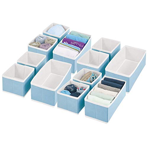 mDesign Juego de 12 cajas organizadoras – Cestas de tela para almacenaje en cajones de diferentes tamaños – Organizadores para armarios para guardar calcetines, ropa interior y más – azul claro/blanco