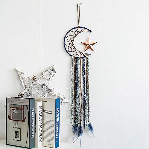 MoYouno Lovely Blue Dream Catcher, diseño de Estrella de Luna Hecha a Mano con Plumas Colgante de Pared decoración para el hogar Adorno Regalo