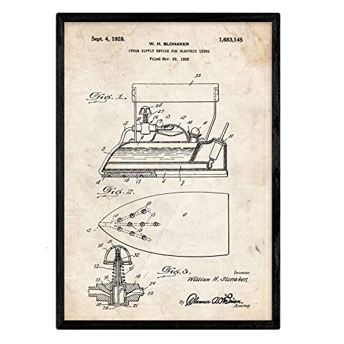 Nacnic Poster con patente de Plancha con vapor electrica. Lámina con diseño de patente antigua en tamaño A3 y con fondo vintage
