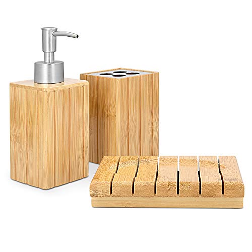 Navaris Set para el baño de bambú - Juego 4 Accesorios para Lavabo - Kit de 4 Piezas - 1x dispensador de jabón 1x Porta Cepillo 1x jabonera