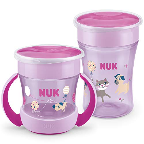 NUK Magic Cup - Juego de vasos para aprender a beber (230 ml + Mini Magic Cup 160 ml, con asas ergonómicas, antigoteo 360°, sin BPA, 6 meses, color morado)