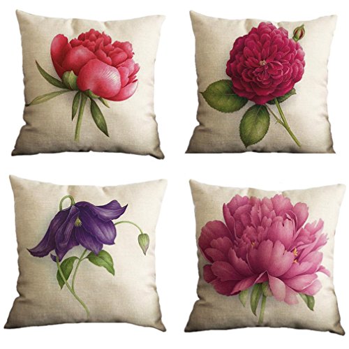 Nunubee Juego de 4 fundas de almohada de lino y algodón, 45 x 45 cm, diseño de flores