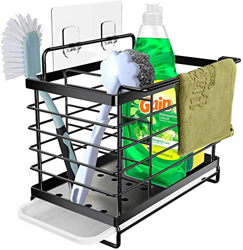 Orimade Organizador Sink Caddy Soporte para Utensilios de Cocina Adhesivo ＆Encimera para el Fregadero Acero Inoxidable Negro