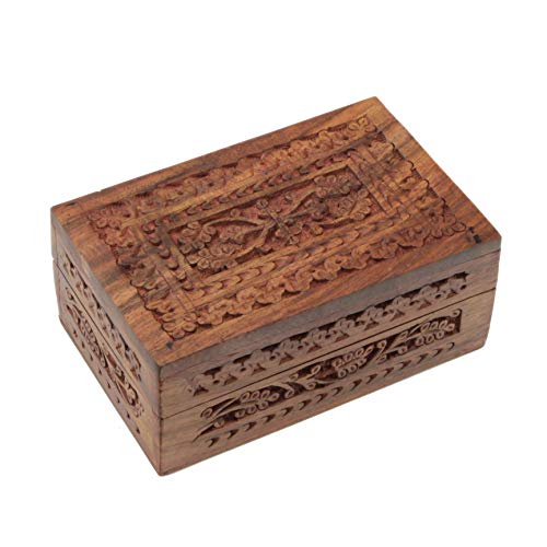 PatchouliWorld Caja de madera tallada con flores de estilo indio – con terciopelo rojo