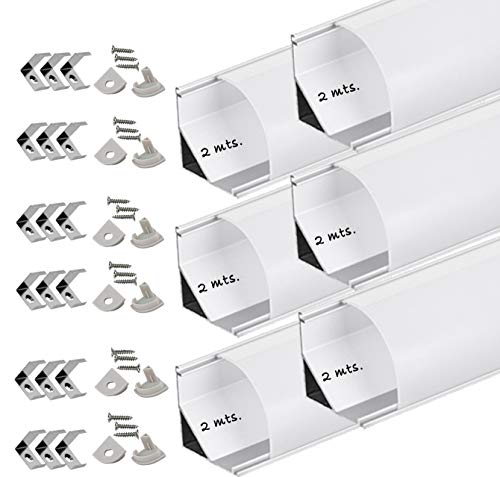 Perfil de aluminio para LED tira con difusor opaco PACK metros angular L,barra disipador en angulo de 90º en tiras de 2 mts, canal con soporte de montaje,tapas finales (12 mts.)