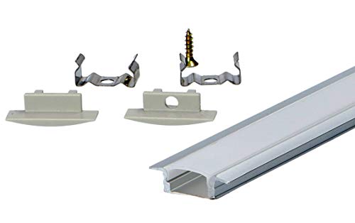 Perfil LED de aluminio en forma de U, 1000 x 27 x 7 mm, para tiras de LED de hasta 12 mm, incluye cubierta, soporte y tapas LT6-1 (10 x lechosas AMZ)
