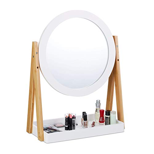 Relaxdays Espejo Maquillaje Giratorio con Bandeja, Bambú-DM-Cristal, Blanco-Marrón, 32,5 cm de diámetro