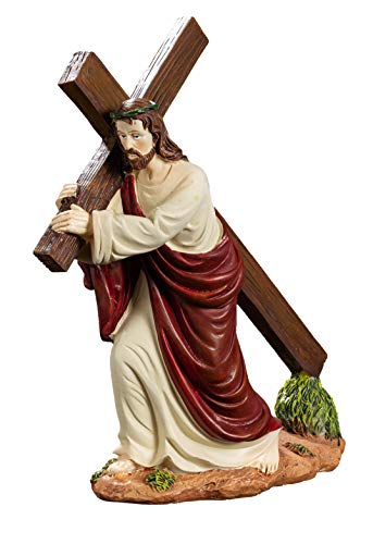 Reproduction - Estatua de Cristo Jesús con cruz (20 x 16 x 8 cm), color rosa