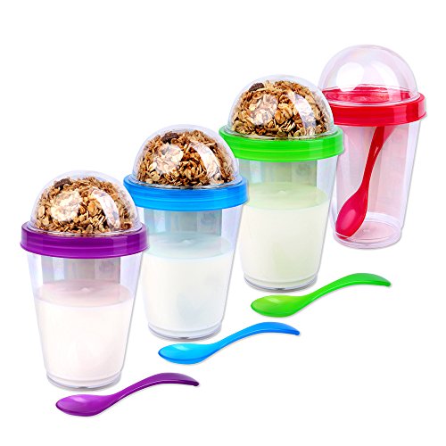 Schramm® 4 Piezas para Llevar Muesli-to-Go 4 Colores Surtidos Taza de Muesli Incl. Cuchara Tazón de Cereal Taza de Yogur