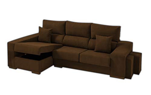 Sofa Cheap Chaise Longue Izquierdo 5 Plazas | Arcón Abatible + 2 Puffs | Respaldos Reclinables Ergonómicos | Marron Chocolate (Envío y Subida a Domicilio Incluidos)