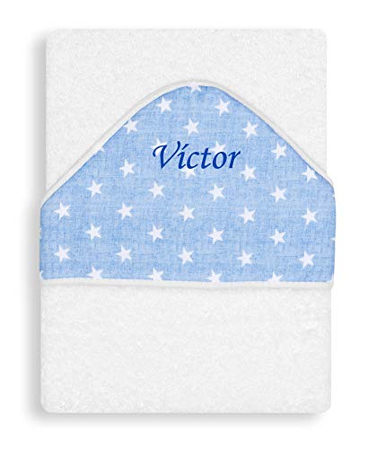 Toalla Capa de baño Bebe Personalizada con nombre bordado - Color Blanco-azul- Danielstore