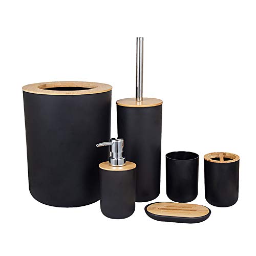 TTAototech Juego de accesorios de baño de bambú de 6 piezas de accesorios de baño de diseño moderno accesorios de baño, set de loción, taza de dientes, jabonera, cepillo de inodoro,
