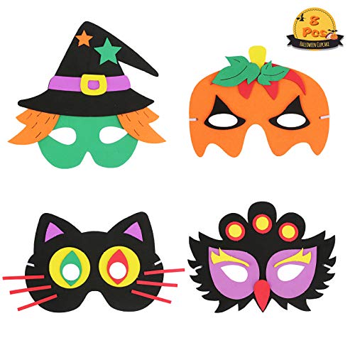 ZERHOK Máscara de Halloween para Niños 8pcs Halloween DIY Máscaras de Dibujos Animados Sombrero de Brujas Calabaza Búho Negro Máscara de Cosplay Mascarada Decoracion para Fiesta Niños Adultos