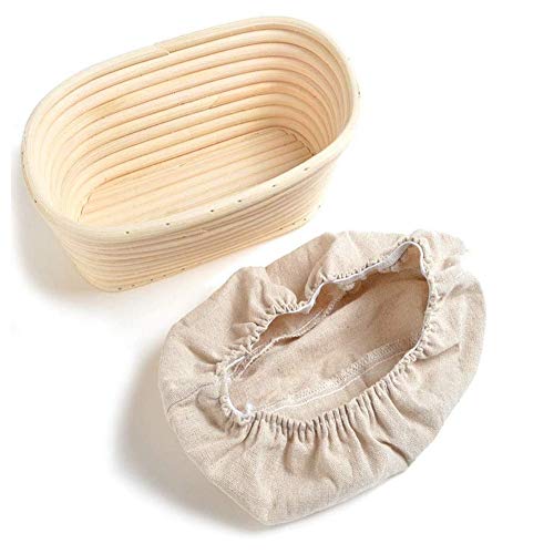 1 cesta ovalada para prueba de pan, cesta de mimbre de bambú, cesta de prueba de masa madre Brotform de ratán natural para levantar pan y masa, kit de tarro de iniciación (25 x 15 x 8 cm + paño)