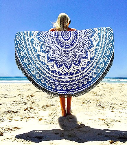Aakriti Toalla de playa redonda con degradado estilo mandala indio, tapiz hippy, boho, mantel de algodón, mantel para picnic, esterilla de yoga, chal redondo, 182 cm, algodón, azul, 180 cm