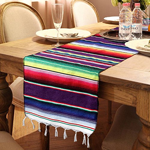 AerWo - Camino de mesa de algodón, estilo mexicano, diseño de rayas coloridas con flecos, 35,5 x 213 cm, algodón, beige, 1 pieza