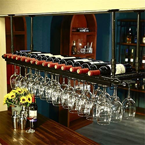 AMOSES Creative Hanging Wine Glass Holder Upside Down Goblet Wine Rack Bar Hanging Cup Holde - 120x30cm, Can Hang 30 Goblets & 11 Bottles of Red Wine-Black