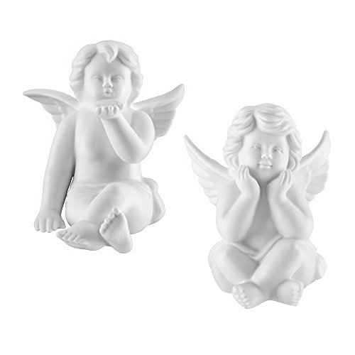 Bavaria Juego Decorativo de 2 ángeles, mandando un Beso y pensativo en Porcelana Biscuit Blanca de Calidad Rosenthal; 6cm y en Caja de Regalo.