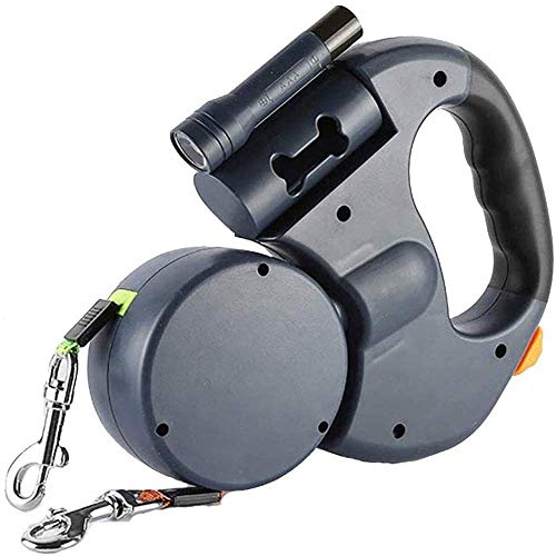BLC - Correa doble para dos perros, doble cuerda, rotación ajustable de 360° sin enredos con tiras reflectantes, linterna y dispensador de bolsas.
