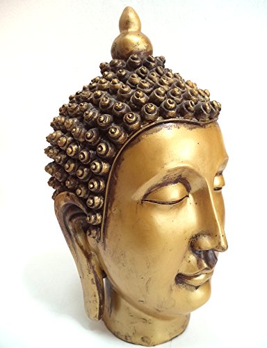 Cabeza de Buda. Fabricada en resinas y policromada a mano. Color Oro viejo. Medidas: 15,5x17x28 cms. aprox..