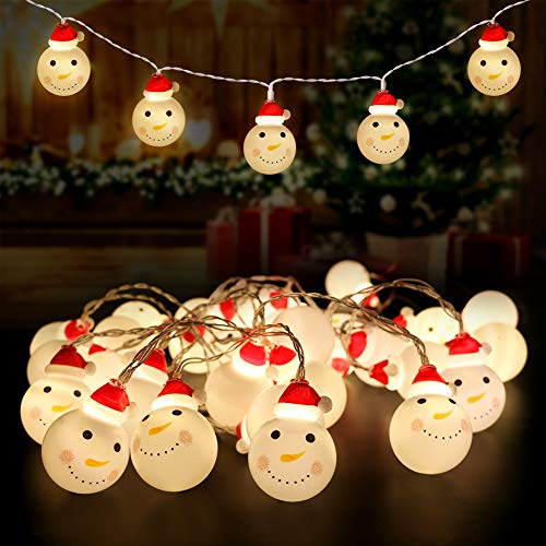 Cadena de luces decorativas de Navidad, 4,8 m, 30 LED, Papá Noel, cabezas de muñeco de nieve, decoración de 2 modos, funciona con pilas, luz decorativa para Navidad, patio, fiesta (luz cálida)