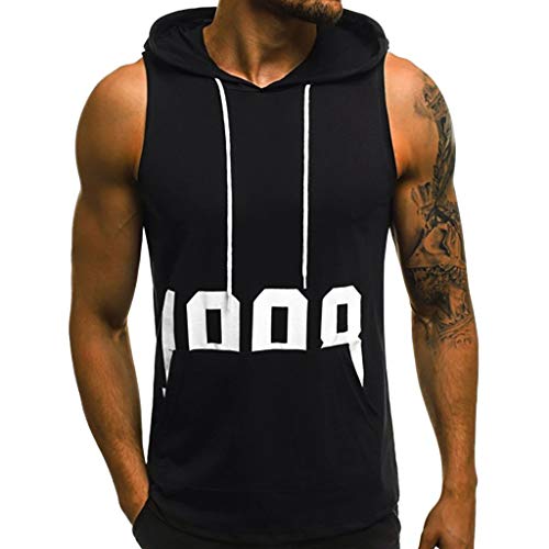 Camisetas de Running para Hombre Top con Capucha y cordón Impresión de Letras Bolso de Mano Camisas Ejercicio de Fitness sin Mangas de Escalada Camisa riou
