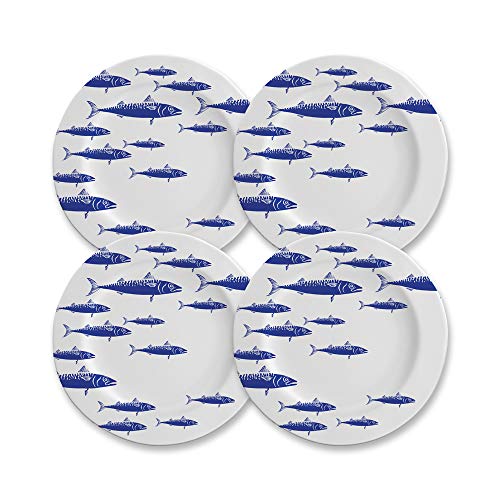 CARTAFFINI SRL Plato llano decorado Blue Fish, de melamina, diámetro 28 cm, altura 2 cm, juego de 4 platos, color blanco y azul