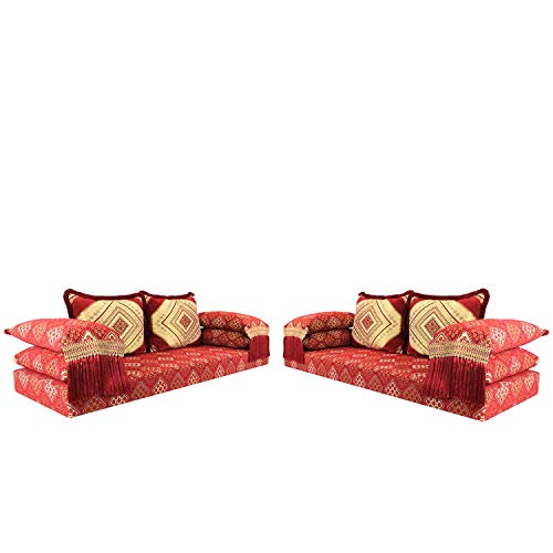 Casa Moro | Oman Rojo 15 Set - Conjunto de Asientos marroquíes para sofá (200 x 70 cm, Incluye Relleno con 4 Cojines para Respaldo y 4 Cojines para Respaldo), Color Rojo y Dorado | MO5026
