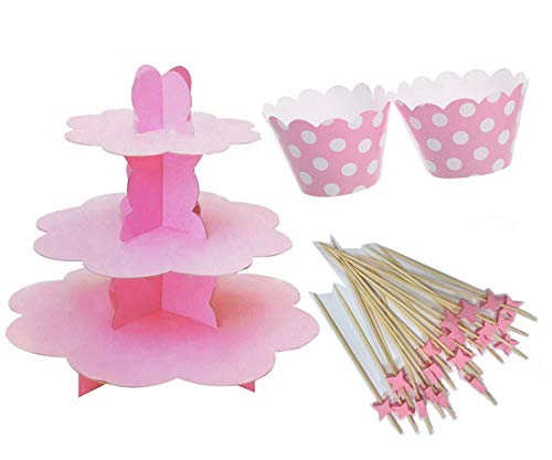 Cotigo-Set/Soporte para Cupcakes,de Cartón+ Capsula de Cupcake+Signo de La Fruta Productos de Bambú，para Fiesta Cumpleaños,Boda，Diseño de Lunares (Rosa)