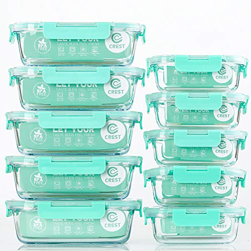 CREST Set de 10 Recipiente - Contenedor de Almacenamiento de Alimentos de Vidrio - 20 piezas (10 envases + 10 tapas) Para preparar alimentos - Sin BPA
