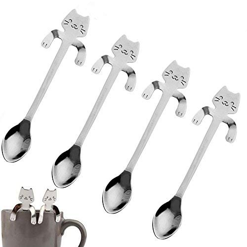 Cucharas de café CosCosX de acero inoxidable, con diseño de gato pequeño, para té, sopa, azúcar, aperitivos, postre, para colgar, 4 unidades
