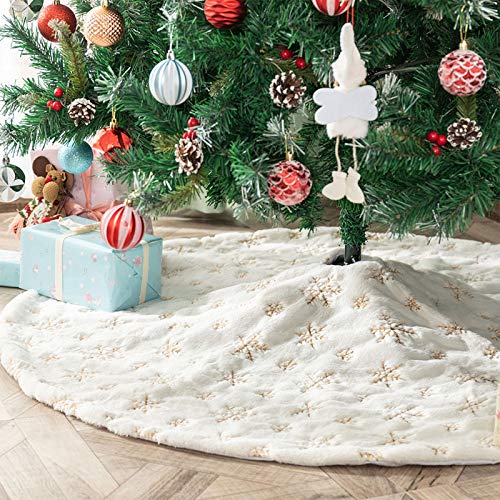 Deggodech Falda de Felpa del árbol de Navidad Blanco Plush Christmas Tree Skirt con Copo de Nieve de Oro Felpa Base de Árbol de Navidad para Decoración de Fiesta Navideña de Año Nuev, 48inch/122cm