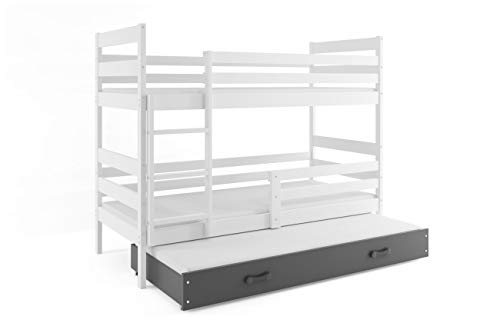 Eryk - Litera de 3 plazas con somier y colchón (200 x 90 cm), color blanco, gris, pino natural o aliso