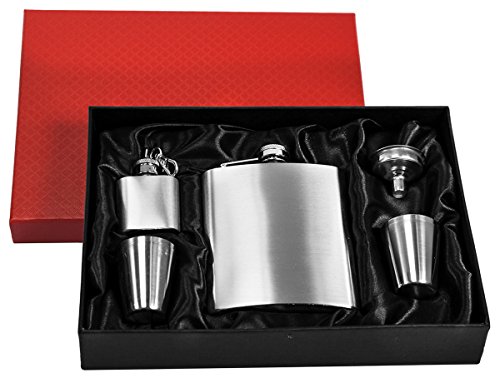 eyepower Petaca de acero inoxidable 210 ml + embudo + 2 pequeños vasos + llavero + elegante caja de regalo | botella de metal 7 oz 0,2 l | plateado