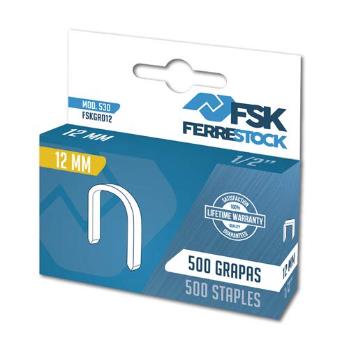 Ferrestock FSKGR012 grapas tipo 530 redondas de 12mm x500 unidades compatibles con grapadoras clavadoras engrapadoras manuales y eléctricas, fijación de cables, en parecedes, tapicería, carpinteria