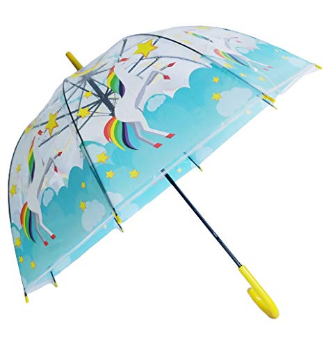 G4G Paraguas Transparentes con Dibujo de Unicornio, con Medidas de 50 cm, Anti Viento, con Varillas y Estructura de Fibra. Disponible en 3 Modelos con Diferentes Dibujos. (Amarillo)