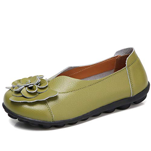 Gaatpot Mujer Mocasines de Cuero Vintage Flores Loafers Casual Respirable de Deslizamiento Zapatos de Conducción Zapatillas Verde 40.5 EU = 42 CN