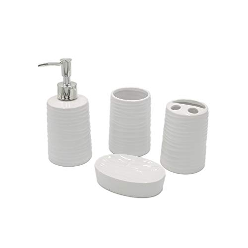 GENERAL TRADE Juego de accesorios de baño, con soporte para cepillos de dientes, jabonera, dispensador de jabón y vaso, color blanco, paquete de 4 unidades