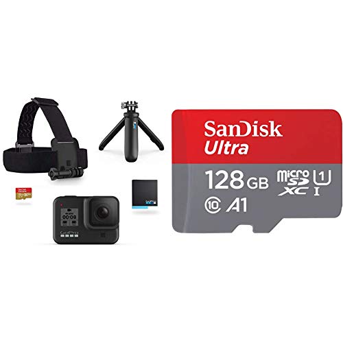 GoPro Kit HERO8 Black - Incluye Shorty, Correa para la Cabeza, batería de Repuesto y Tarjeta de Memoria de 32 GB + SanDisk SDSQUA4-128G-GN6MA Clase 10, U1, 128 GB, Rojo/Gris
