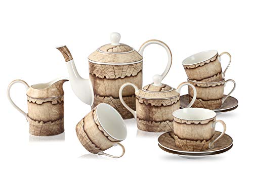 GuangYang Juego de té de porcelana blanca con diseño de madera, 1 tetera, 1 azucarero (450 ml), 1 crema (350 ml), 4 tazas (220 ml) y 4 platillos