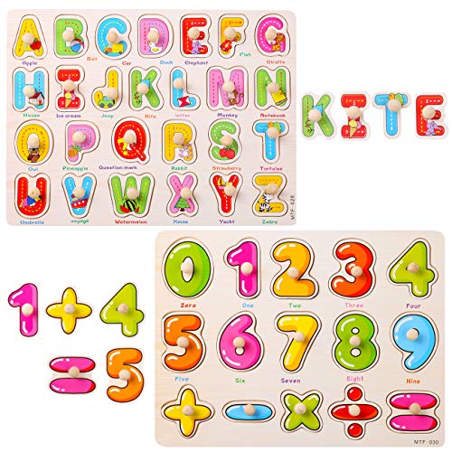 GWHOLE Juguete de Aprendizaje Tablero Letra y Número Puzzle de Madera Juegos para Niño, Juguete Educativos Infantiles
