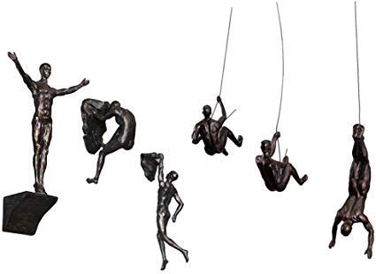 Haute Collage 6 figuras grandes de bronce para colgar montacargas colgantes juego de 6 figuras Climer Men Wallhanging escultura arte de pared resina y metal Bungee Jumping hombre colgado al alambre