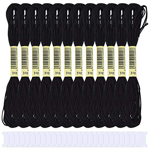 Hilos de Bordar 24 madejas de hilo de punto de cruz blanco con 30 bobinas de hilo de plástico, hilo para manualidades hilo de bordar a mano para tejer, proyectos de costura de bordado (Black)