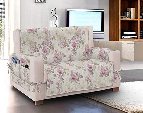 HomeLife Funda para sofá universal de algodón fabricada en Italia | Funda para sofá con lazos de flores | Protección contra el polvo, las manchas y el desgaste, animales domésticos | 3 plazas, rosa