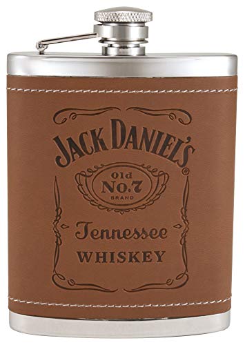 Jack Daniel 's marrón de piel 6 oz termo de acero inoxidable