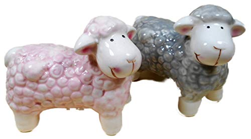 Juego de 2 figuras de ovejas divertidas de pie, 9 x 9 x 5 cm, ovejas rosas y grises, animales de granja, decoración F14