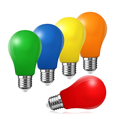 Juego de 5 bombillas LED de colores, forma de pera, 3 W, E27, colores rojo, amarillo, verde, azul y naranja