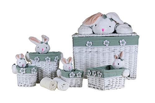 Juego de cestas multiusos con porta ropa de mimbre color blanco con acabado en tela verde y peluches en forma de conejo (medidas de 20 x 16 a 60 x 40 cm)