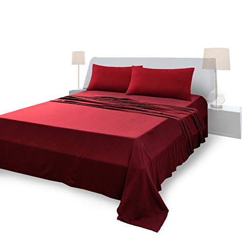 Juego de sábanas completo para cama de matrimonio, material 100% puro algodón, sábanas y 2 fundas de almohada, ropa de cama de color liso, burdeos